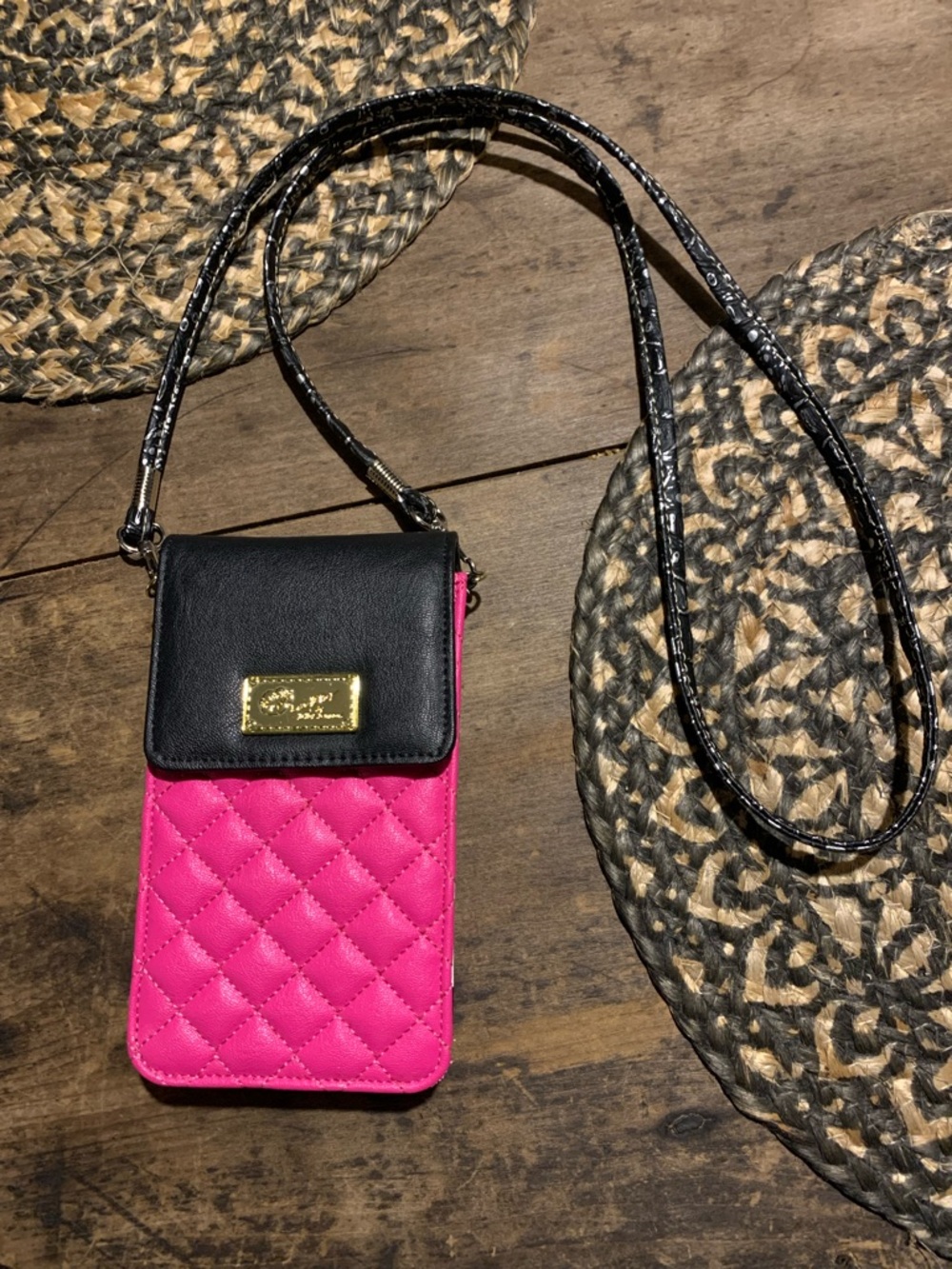 Luv Betsey by Betsey Johnson Quilted Pink and Black Crossbody Mini Bag W Stripes